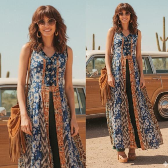Vintage Indian Batik Bohemian Open Maxi Dress with Floral and Geometric Patterns - Picture 1 of 9